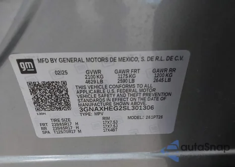 2025 Chevrolet Equinox Fwd Lt z USA, uszkodzony, nr VIN 3GNAXHEG2SL301306